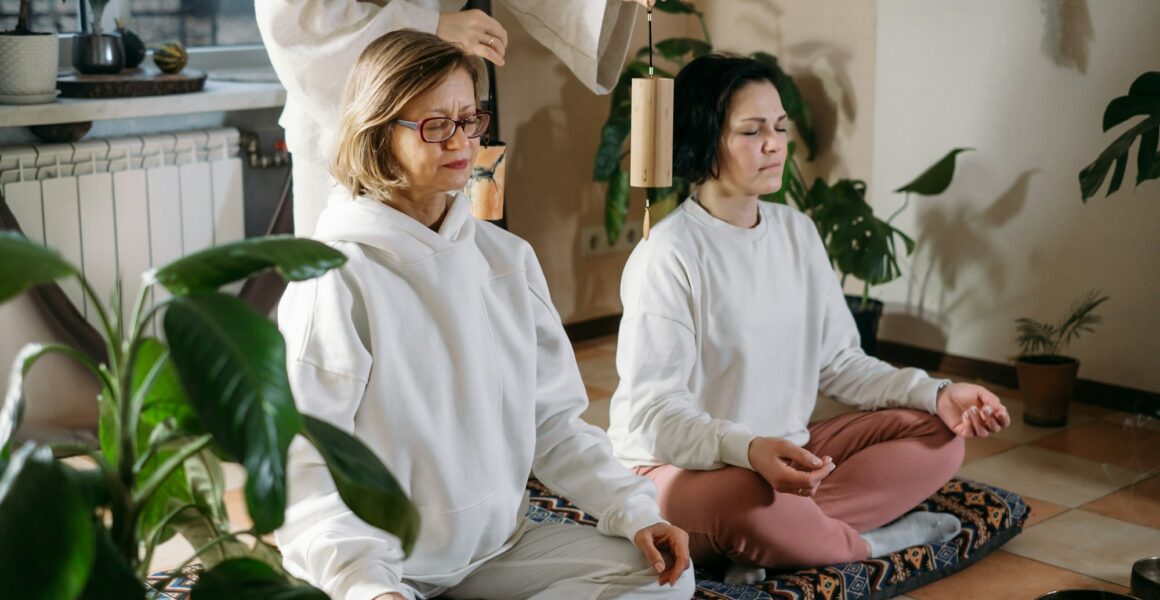 Group Mental health care Sound healing. meditating